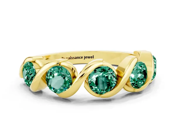 Round Green Sapphire Wave Band with Channel Setting and Shared Prongs Yellow gold
