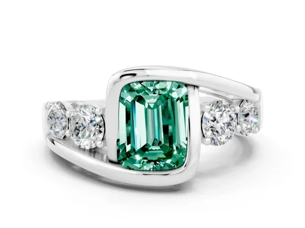Bezel Set Emerald Cut Green Sapphire Bypass Ring with Round Accents Platinum