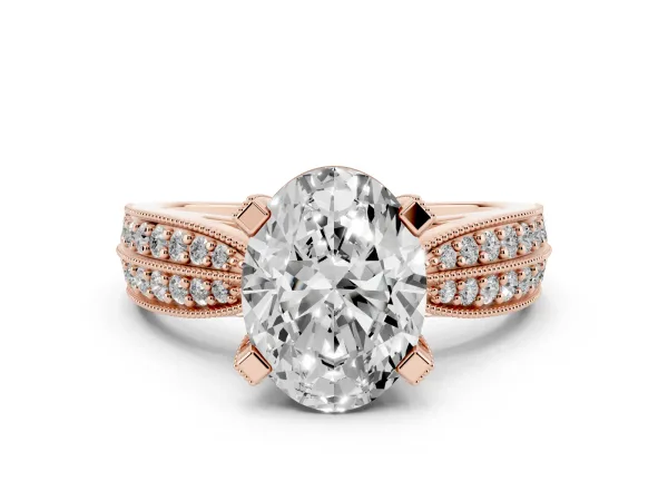 Oval Cut Diamond Solitaire Ring with Milgrain Round Pavé Band and Prong Setting Rose gold
