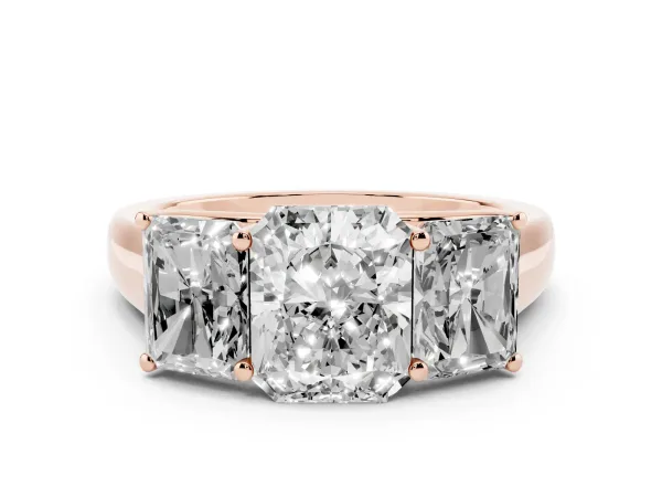 Radiant Cut Three-Stone Diamond Ring with Prong Setting on a Classic Band Rose gold