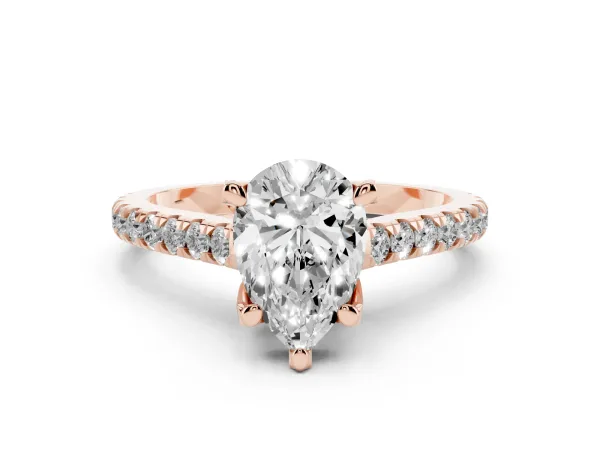 Pear Cut Brilliant Diamond Solitaire with Pavé Band and Four-Prong Setting Rose gold