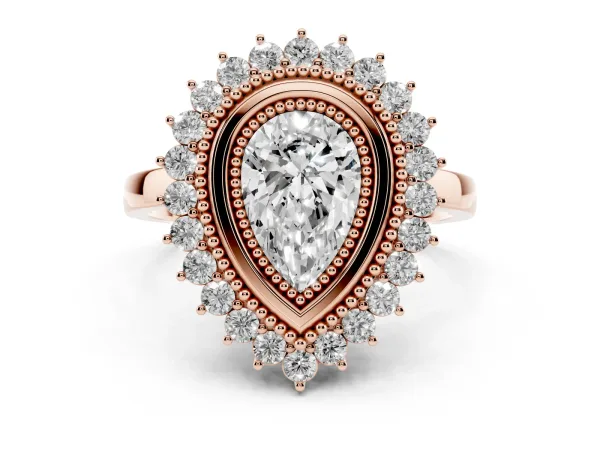 Pear Cut Halo Diamond Ring with Milgrain Edge and Round Prong Setting Rose gold