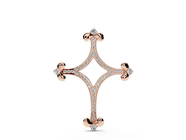 Pavé Diamond Cushion Cross Pendant with Fleur-de-Lis Prongs Rose gold