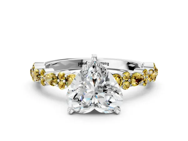 Heart Cut Diamond Side Stone Solitaire Ring with Round Yellow Sapphire and Four-Prong Setting Platinum