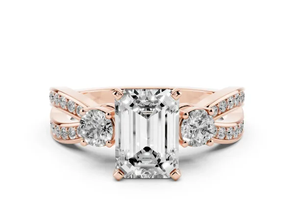 Three-Stone Emerald Cut Cut Diamond Twist Band with Prong Setting Rose gold
