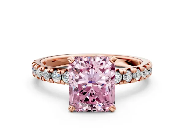 Fancy Pink Radiant Cut Diamond Solitaire Pavé Engagement Ring with Round Band and Prong Setting Rose gold