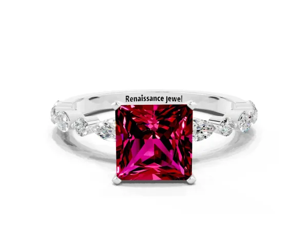 Princess Cut Garnet Ring with Marquise and Round Side Stones and Four-Prong Setting Platinum