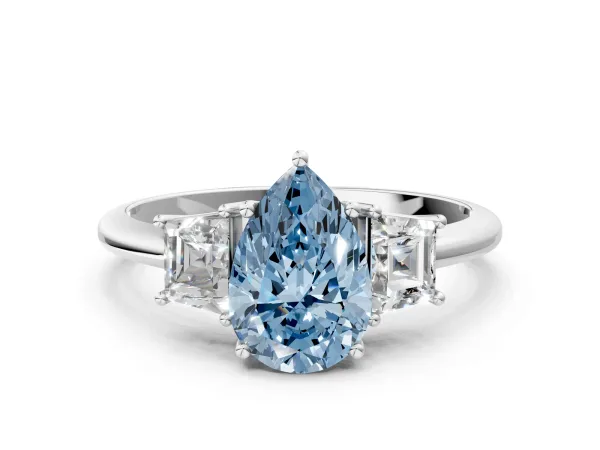 Fancy Blue Pear Cut Diamond Three-Stone Ring with Trapezoid Side Stones and Prong Setting Platinum