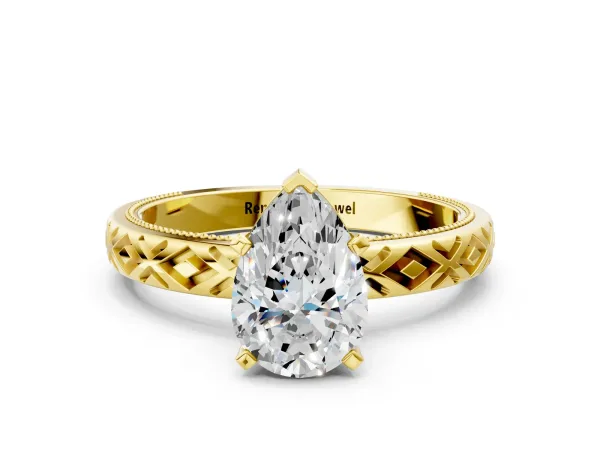 Pear Cut Solitaire Diamond Ring with Milgrain and Black Enamel X Pattern Band Yellow gold
