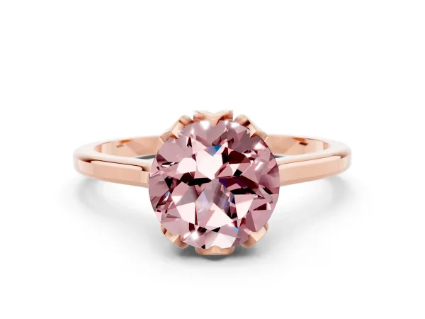 Round Cut Morganite Solitaire Ring with Flower Prong Setting and Classic Band Rose gold