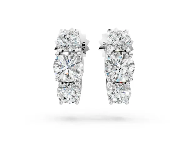 Round Diamond Prong Set Three-Stone White Gold Earrings Silver