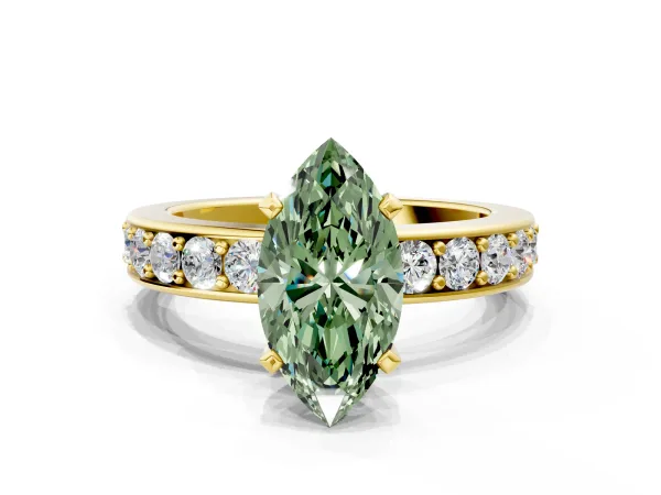 Fancy Green Marquise Cut Diamond Engagement Ring with Channel Set Round Band and Prong Setting Yellow gold