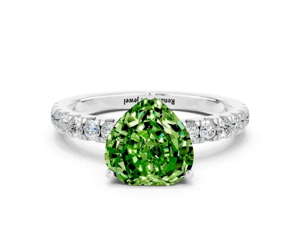 Heart Cut Peridot Pave Band Solitaire Ring with Round and Prong Setting Platinum