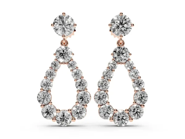 Round Cut Diamond Graduated Shared Prong Drop Earrings Rose gold