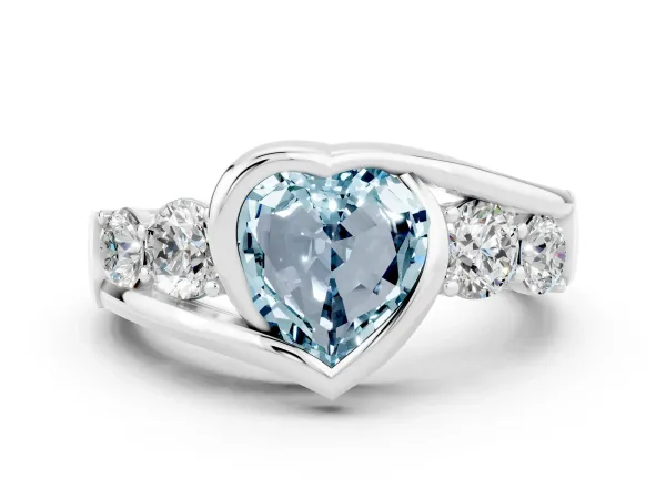 Bezel Set Heart Cut Aquamarine Bypass Ring with Round Accents Platinum