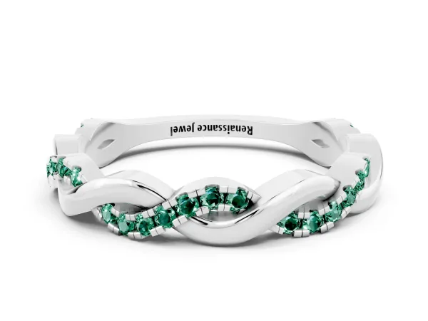 Round Green Sapphire Twist Eternity Band with Pavé Setting Platinum