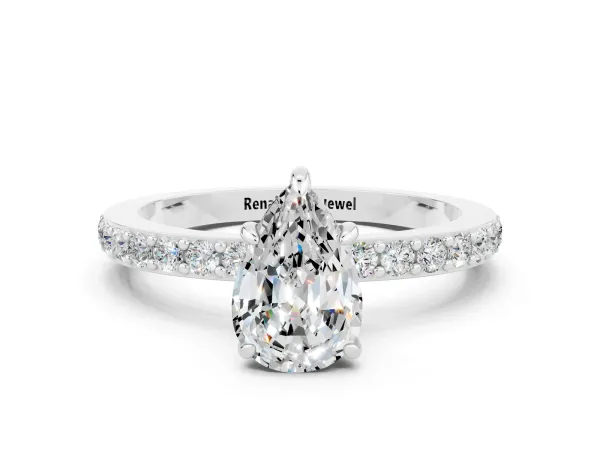 Pear Cut Moissanite Solitaire Engagement Ring with Pavé Band and Four-Prong Setting Platinum