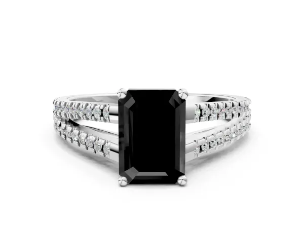 Fancy Black Emerald Cut Diamond Solitaire Engagement Ring with Split Shank Pavé Band Silver