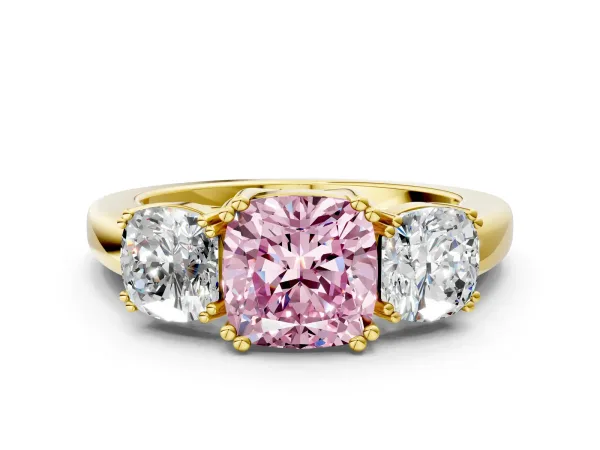 Fancy Pink Three-Stone Cushion Cut Cut Diamond Ring with Channel Set Band and Four-Prong Setting Yellow gold