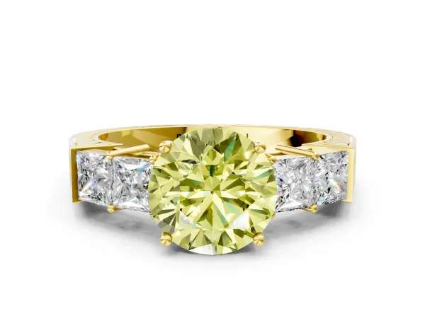 Fancy Yellow Round Cut Solitaire Princess Side Stone Engraved Band Prong Setting Ring Yellow gold