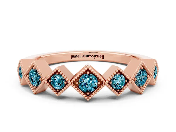 Milgrain Square Bezel Round Blue Topaz Chevron Band Rose gold