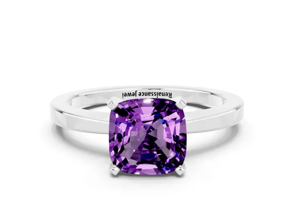 Cushion Cut Amethyst Solitaire Engagement Ring with Classic Band and Four-Prong Setting Silver