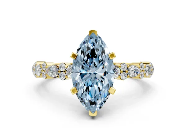Fancy Blue Marquise Cut Diamond Side Stone Solitaire Ring with Round and Four-Prong Setting Yellow gold