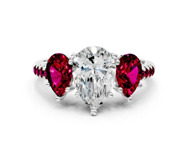 Three-Stone Pear Cut Diamond Ring with Round Garnet Pavé Band and Prong Setting White gold