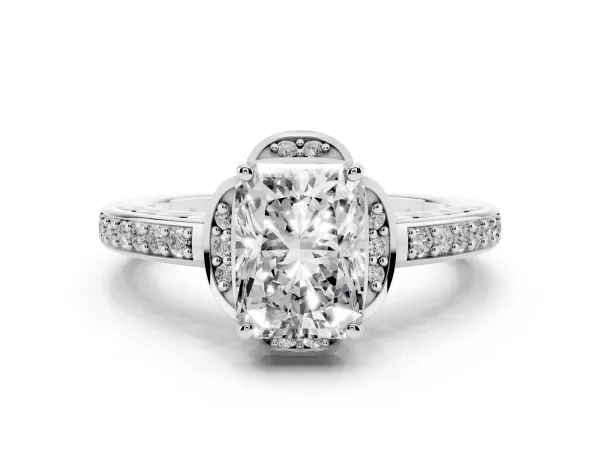 Radiant Cut Cut Halo Diamond Ring with Channel Set Band and Four-Prong Setting White gold