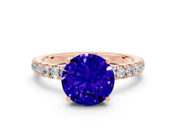 Round Cut Tanzanite Pave Band Solitaire Ring with Round and Prong Setting Rose gold