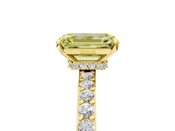 Fancy Yellow Emerald Cut Diamond Solitaire Engagement Ring with Pavé Band and Four-Prong Setting Yellow gold