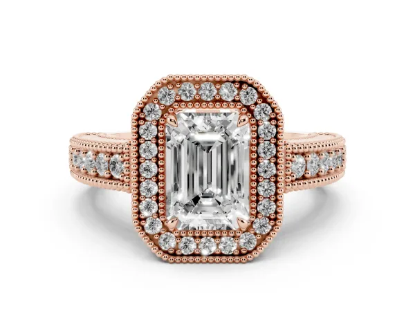 Emerald Cut Cut Halo Diamond Ring with Pavé Band and Four-Prong Setting Rose gold