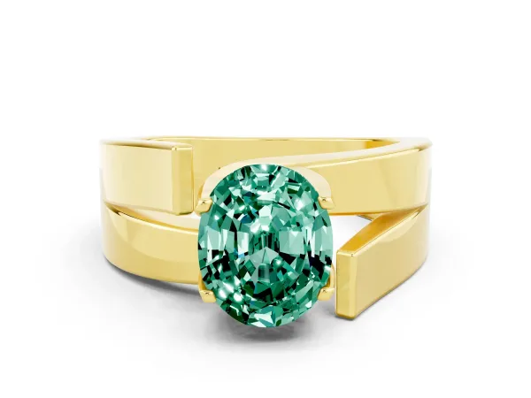 Modern Tension Set Oval Cut Green Sapphire Solitaire Wide Band Ring Yellow gold