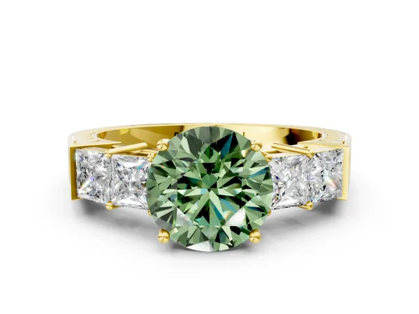 Fancy Green Round Cut Solitaire Princess Side Stone Engraved Band Prong Setting Ring Yellow gold
