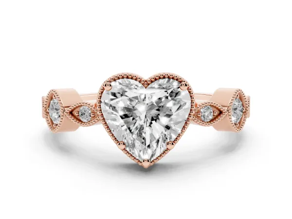 Heart Cut Diamond Vintage Milgrain Ring with Round Stations Rose gold