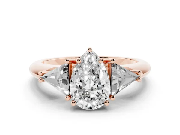 Three-Stone Pear Cut Diamond Engagement Ring with Trillion Side Stones and Prong Setting Rose gold