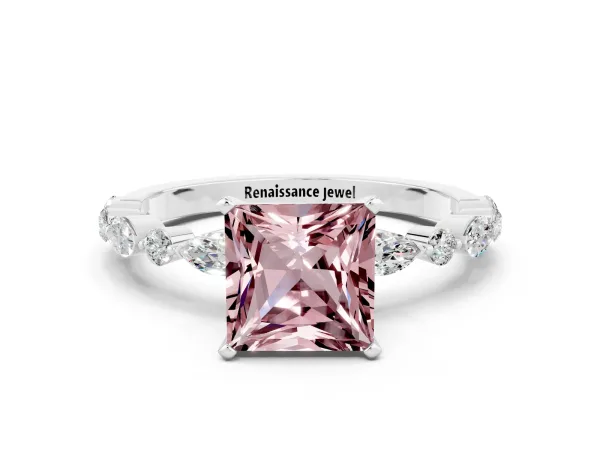 Princess Cut Morganite Ring with Marquise and Round Side Stones and Four-Prong Setting Platinum