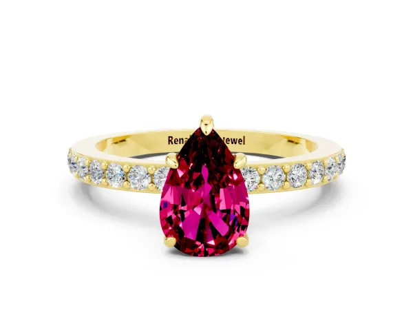 Pear Cut Garnet Solitaire Engagement Ring with Pavé Band and Four-Prong Setting Yellow gold