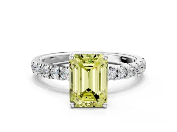 Fancy Yellow Emerald Cut Diamond Pave Band Solitaire Ring with Round and Prong Setting White gold