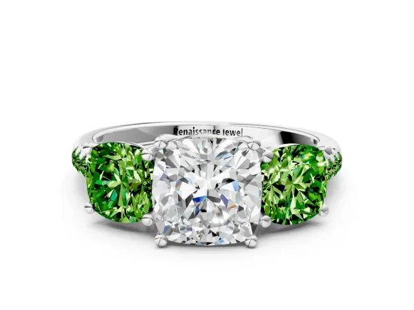 Three-Stone Cushion Cut Diamond Ring with Round Peridot Pavé Band and Prong Setting Platinum