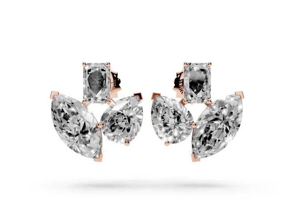 Emerald, Marquise and Pear Diamond Mosaic Three Stone Fan Earrings Rose gold
