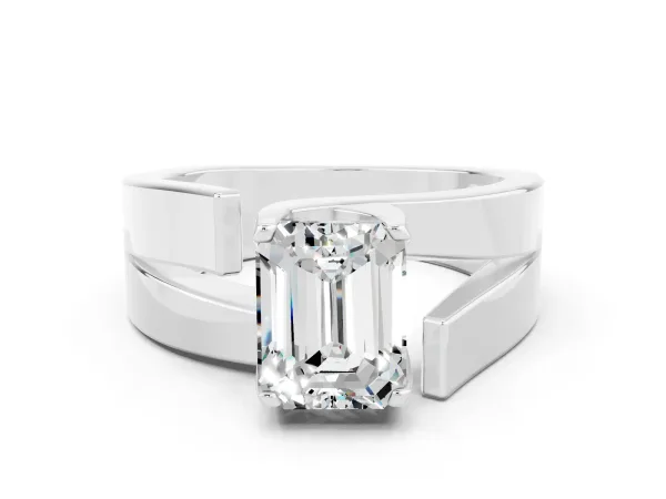 Modern Tension Set Emerald Cut Moissanite Solitaire Wide Band Ring Platinum