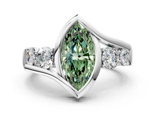 Fancy Green Bezel Set Marquise Cut Diamond Bypass Ring with Round Accents Platinum
