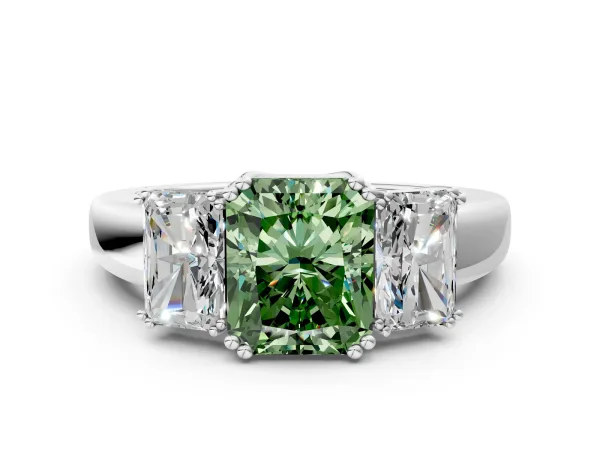 Fancy Green Three-Stone Radiant Cut Cut Diamond Ring with Channel Set Band and Four-Prong Setting Silver