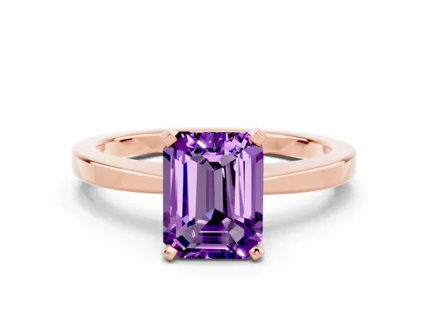 Emerald Cut Amethyst Solitaire Engagement Ring with Classic Band and Four-Prong Setting Rose gold