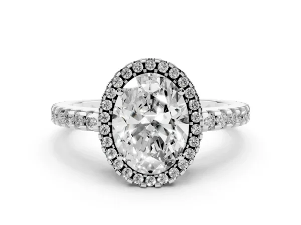 Oval Cut Diamond Halo Engagement Ring with Pavé Band and Prong Setting Platinum