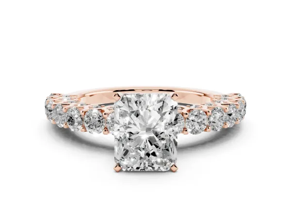Radiant Cut Diamond Solitaire Ring with Shared Prong Pavé Band and Four-Prong Setting Rose gold