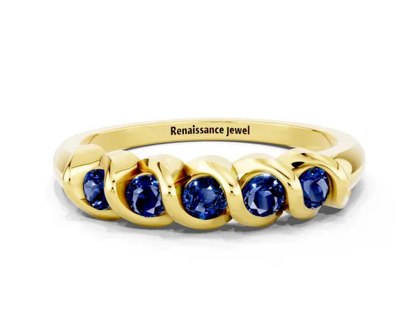 Round Blue Sapphire Eternity Band with Twist Prong Setting Yellow gold