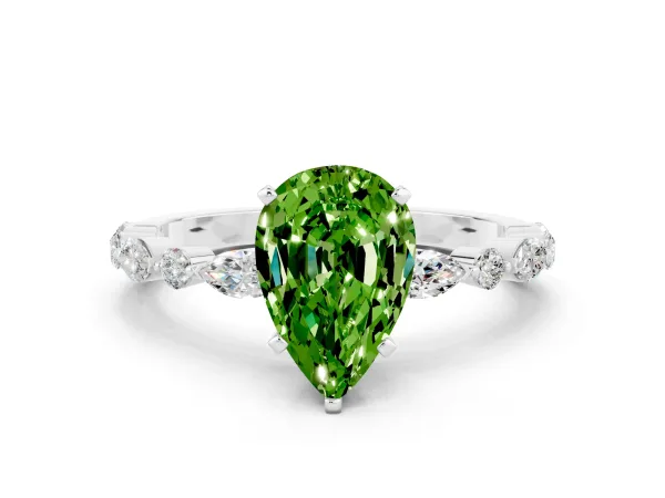 Pear Cut Peridot Ring with Marquise and Round Side Stones and Four-Prong Setting White gold