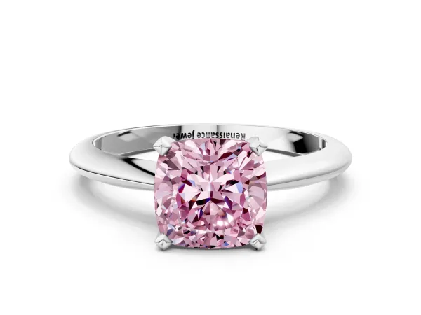Fancy Pink Cushion Cut Diamond Solitaire Engagement Ring with Classic Band and Four-Prong Setting Silver